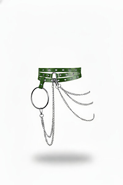 Angels Passion Curea pentru femei kaki, curea lată, cu lanț cu inel în formă de O, accesoriu în stil punk