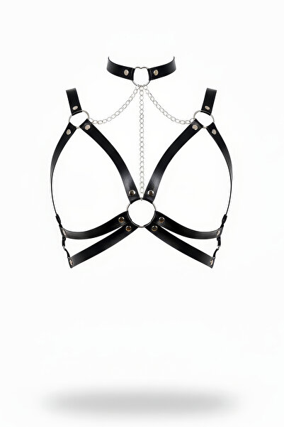 Angels Passion Curea neagră pentru femei, cu lanț, choker, cușcă pentru corp