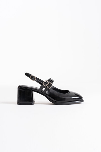 Momshopp Piele lacuită neagră pentru femei pantofi cu toc TR02MS03A