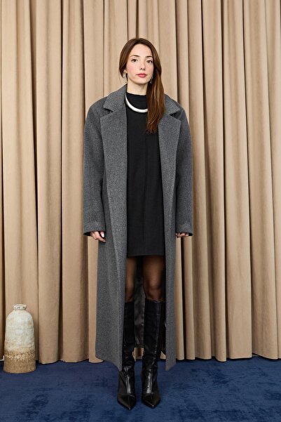 Puane Women's Double-Breasted Collar Cashmere Coat -15237Kbn - Antracite