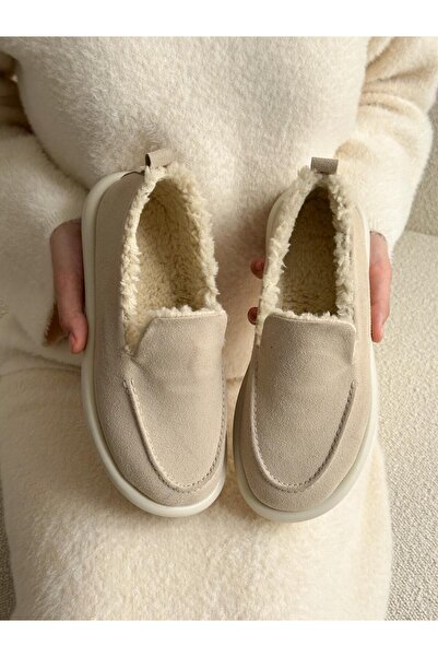 ERVANIN BUTİĞİ Bej Süet (Juno) İci Peluş Kadın Loafer