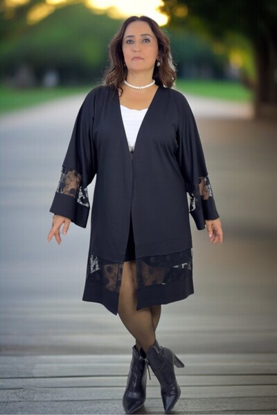 yagmurberen Lace Embroidery Detail Large Sleeve Oversized Cotton Viscose Unclosed Jacket