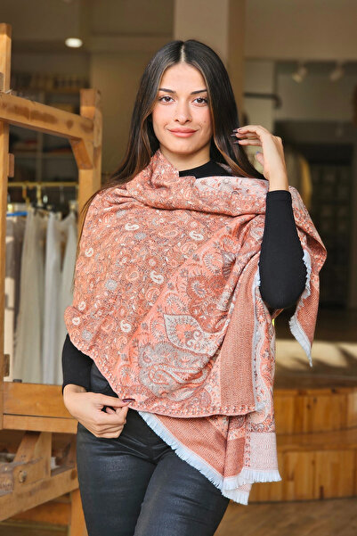 İpek Kaşmir Bordo Kiremit Çok Desenli Omuz Şalı