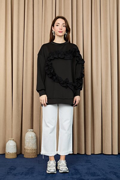 Loreen Women's Heart-Shaped Ruffled Oversized Tunic - 20715Tun - Black-Black