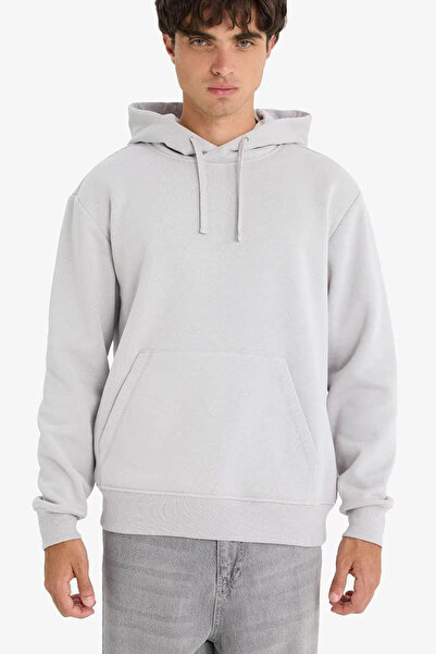 DeFacto Hooded Soft Fleece Inside Kangaroo Pocket Light Gray Men's Sweatshirt X8283Az/Gr184