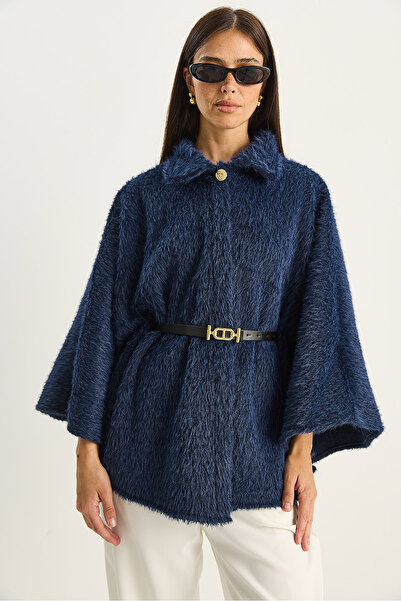 Bianco Lucci Women's Single Button Belted Bearded Soft Poncho 60282034