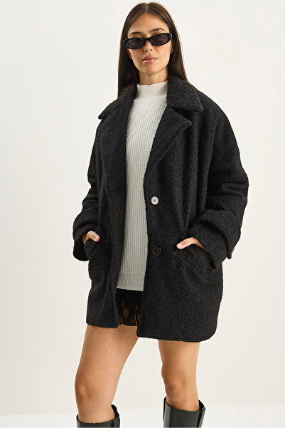 Bianco Lucci Women's Wide Collar Pocket Detailed Oversized Lined Boucle Cashmere Coat 7033 60283735