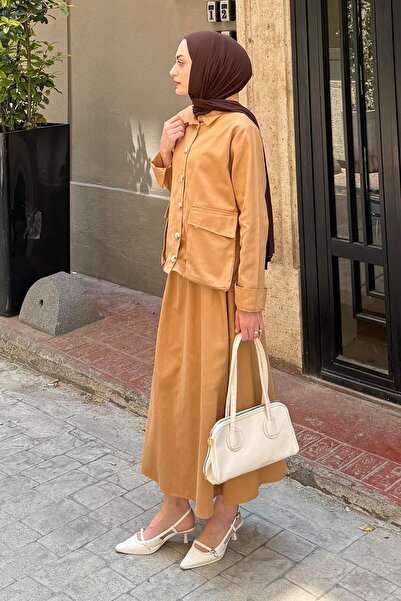 lamelif Pocket Detailed Double Skirt Hijab Suit Camel