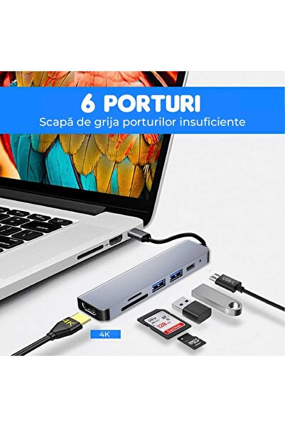 Timebox 6-in-1 USB-C Hub with 4K HDMI, USB 3.0, SD/TF, 87W, 5Gbps, Aluminum, Silver