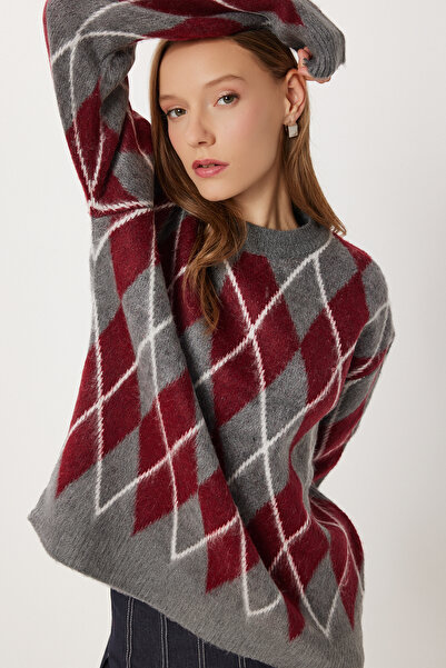 Lovelyİstanbul Baklava Patterned Oversized Knitwear Sweater Lfn0123 Anthracite Burgundy