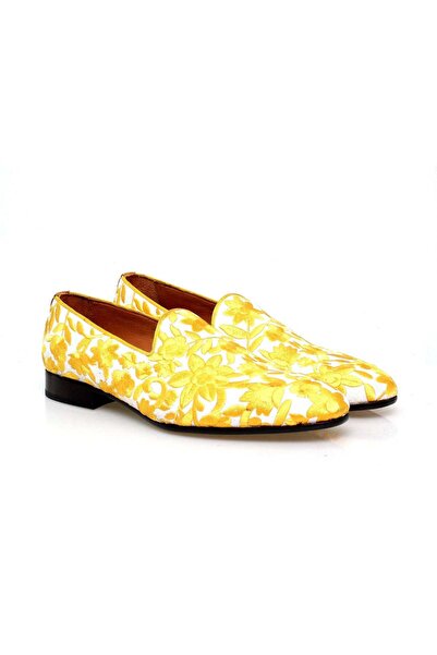 FRANCO CALVANI Yellow Color Flower Embroidered Genuine Leather Men's Shoes
