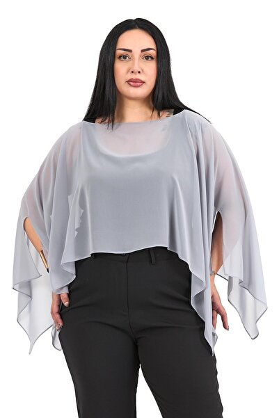 DISENTIS MODEST Plus Size Asymmetrical Cut Chiffon Light Gray Cape Bolero