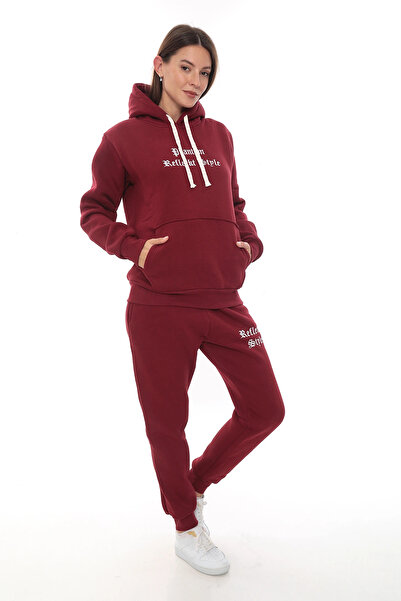 PHANTOM JEANS Burgundy Stylish Fleece Women's Tracksuit Set with Elasticated Legs and Pockets Hooded Embroidery Detail Compact Set