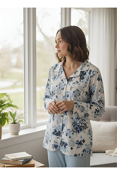 Nena %100 Pamuk Yakalı Önden Düğmeli ve Pijama Üstü Cep Detaylı Mavi Çiçek Desenli Pijama Takımı