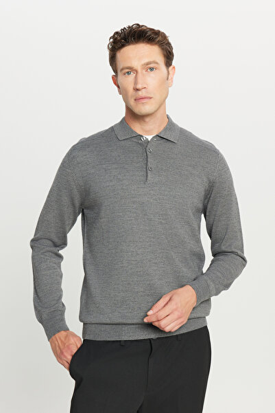ALTINYILDIZ CLASSICS Men's Gray Melange Wool Standard Fit Regular Cut Polo Neck Basic Knitwear Sweater