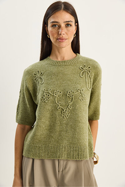 Bianco Lucci Women's Floral Motif Embossed Embroidery Detailed Short Sleeve Knitwear Sweater Tk251110 60283596