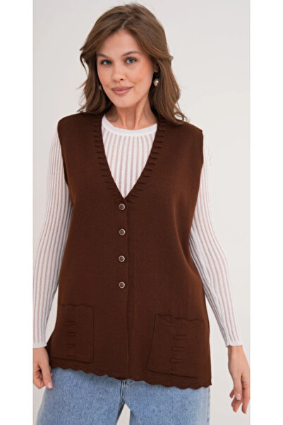 Elçelya Moda Women's Mother Plus Size Knitwear Plain Model Buttoned Vest
