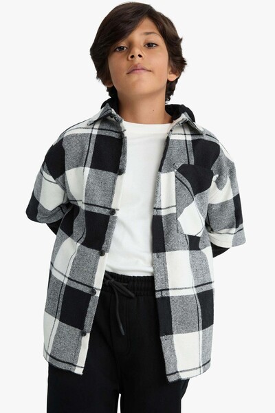 DeFacto Oversized Hooded Plaid Patterned Flannel Anthracite Boy's Shirt F1449A8/Ar213
