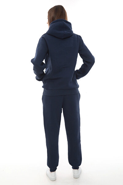 PHANTOM JEANS Μπλε κομψό γυναικείο σετ αθλητικής φόρμας από φλις με ελαστικό πόδι και τσέπες με κουκούλα Κεντημένο σετ με λεπτομέρειες