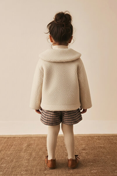 Minipodyum Peter Pan collar Girls' Plush Coat with Bow Detail and Buttons