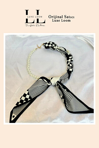 Luxe Loom Zarafetin Işıltısı Siyah Beyaz Kurdele Fularlı Şık Tasarım İnci Kolye