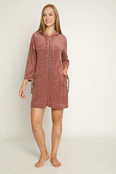 İntensive Hooded Long Sleeve Pocket Zippered Cotton Velvet Dress
