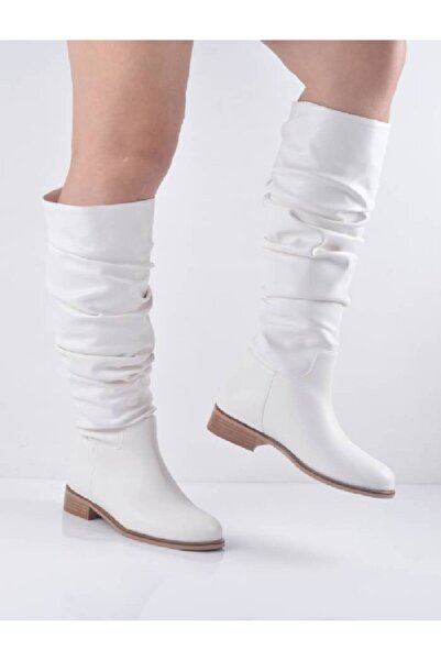 Şanslı Ayakkabıcılık White Leather Gusseted Flat Heel Boots