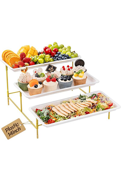 OEM Set of 3 Lifewit serving trays, 3 levels, 30x16 cm, foldable, plastic, metal stand, black and white