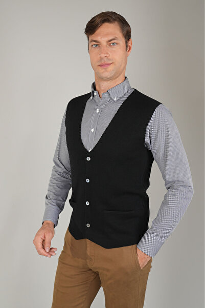 Bisse Siyah Düz Triko Yün Erkek Yelek