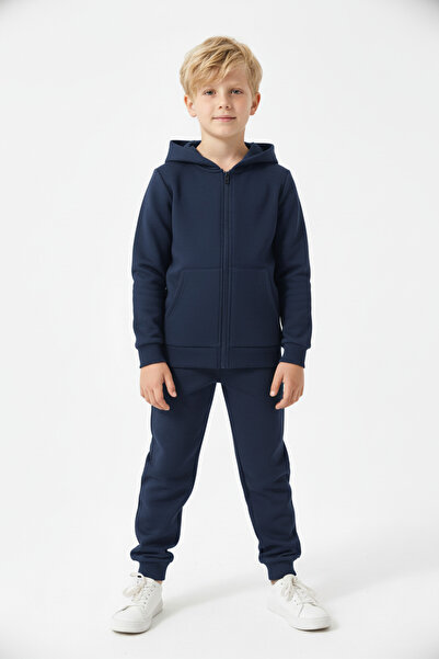FYK KİDS 3 İplik Winter Ş Fleece-Lined Plain Unprinted Zippered K Hooded Boys' Tracksuit Set