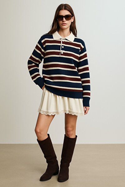 HAKKE Polo Yaka Çizgili Oversize Triko KAZAK