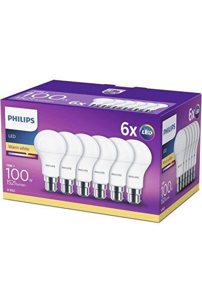 Philips LED Light Bulbs B22 Frosted 6-pack - 13W (100W) Warm White, Non-dimmable