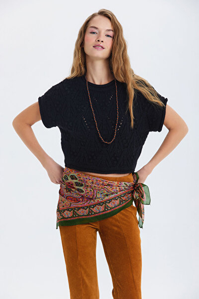 Clandestino Knitted Patterned Short Sleeve Sweater Black