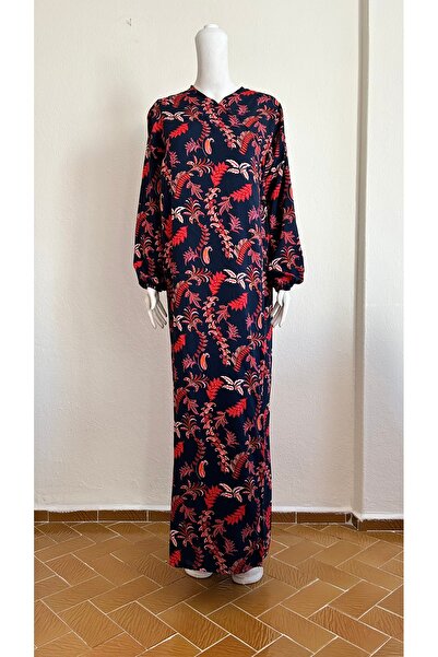 GİZGİYİM Dark Navy Leaf Patterned Viscose Side Tie Prayer Dress Plus Size