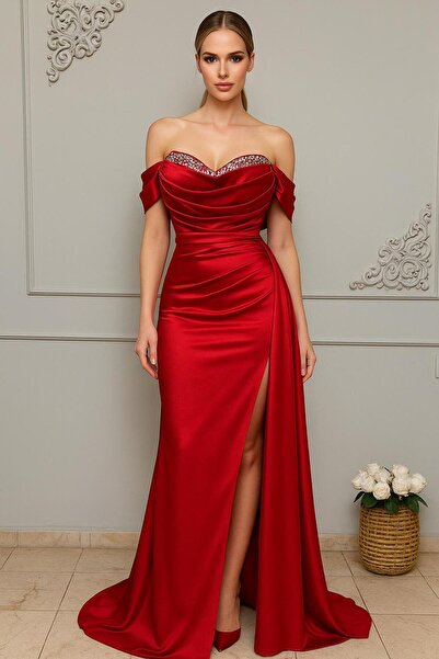 KADİR KORKMAZ GİYİM Taşlı Saten Yırtmaçlı Abiye Elbise