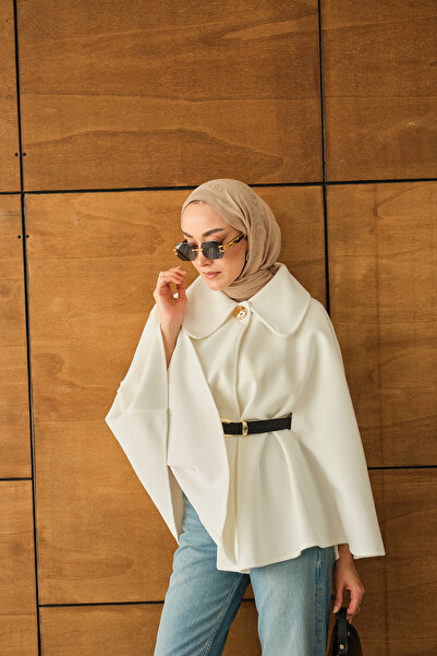 LOCCO Γυναικείο βελούδινο πόντσο με ζώνη λευκό