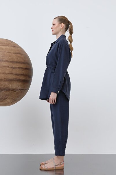 Loreen Women's Gathered Waist Hidden Placket Pants Suit - 20610Tks - Navy