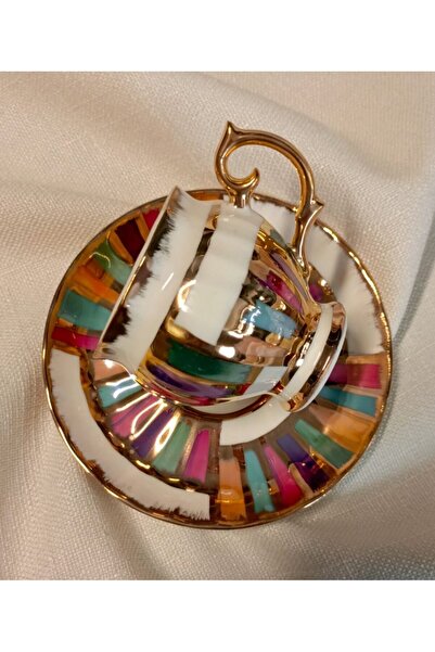 BY.RAYKA PORSELEN El Dekor Pervi̇z Porcelain Hand Painted Coffee Cup Set