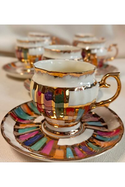 BY.RAYKA PORSELEN El Dekor Pervi̇z Porcelain Hand Painted Coffee Cup Set