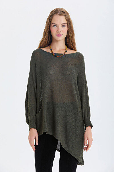 Clandestino Casual Asymmetrical Long Bohemian Style Knitwear Blouse Khaki