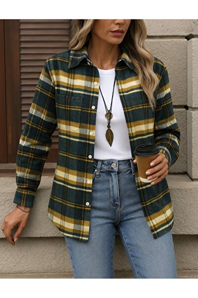 Pazarcan Cămașă țesută cu mânecă lungă pentru femei, cu model pătrat, cu nasturi în față