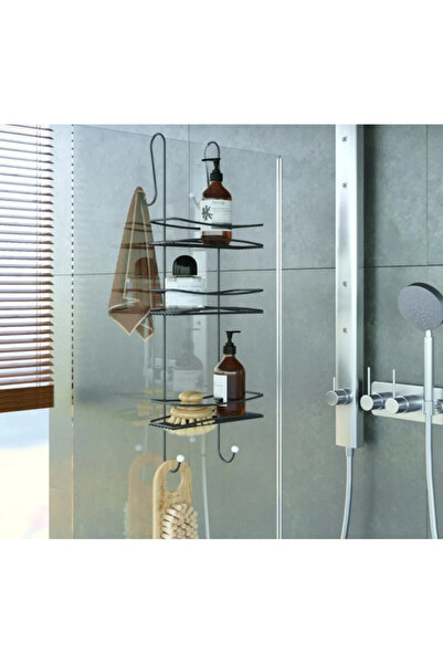 Evistro Paslanmaz Duşakabin Banyo Rafı Şampuanlık 3 Katlı Askılı Siyah
