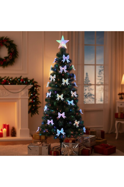 PROCART Artificial tree with fiber optics and ribbons, 180 cm, star, multicolor lights, metal stand