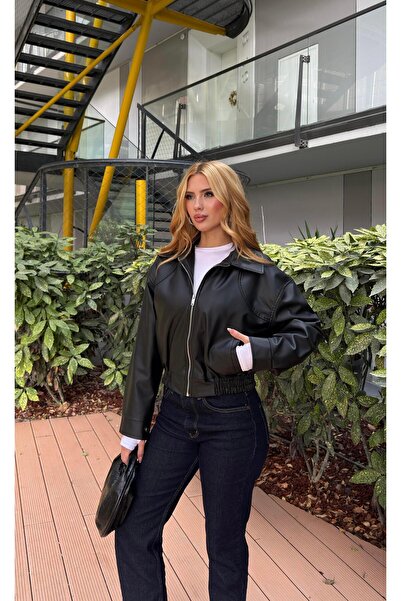 Angel Mia سترة جلدية بومبر بحزام مطاطي باللون الأسود