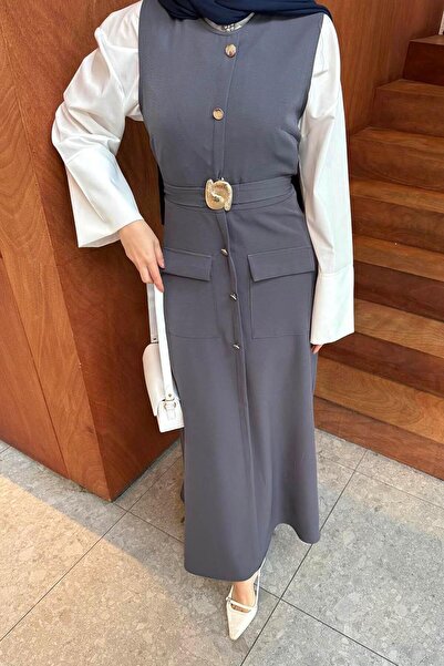 lamelif Φόρεμα με λεπτομέρεια με κουμπιά ανθρακί