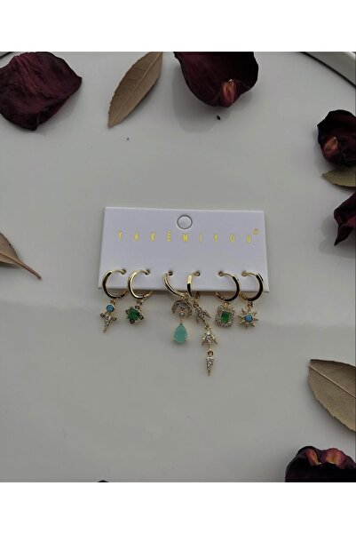 winecollectionco Zümrüt Taşlı Yeşil Altılı Baget Kadın Küpe Seti