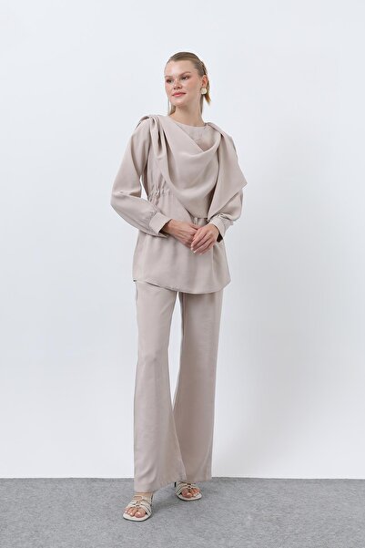 Loreen Women's Shawl Collar Shirt Pants Set -20676Tks - Beige
