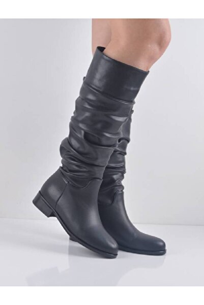 Şanslı Ayakkabıcılık Black Leather Gusseted Flat Heel Boots