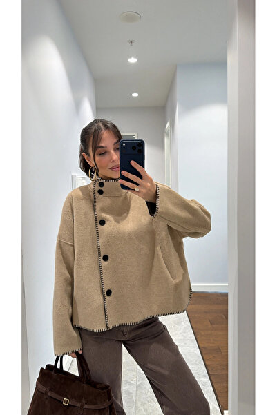 RosePearl Kadın Yan Düğme Detaylı Oversize Kaşe Ceket