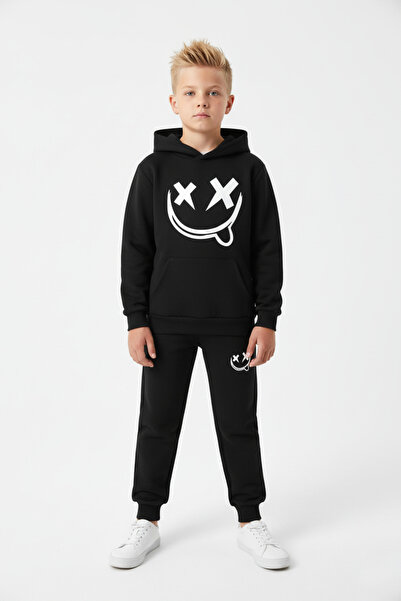 panios kids 3 İplik Winter Ş Fleece-Lined Smiling Face Emoji Print Detailed Boys' Tracksuit Set